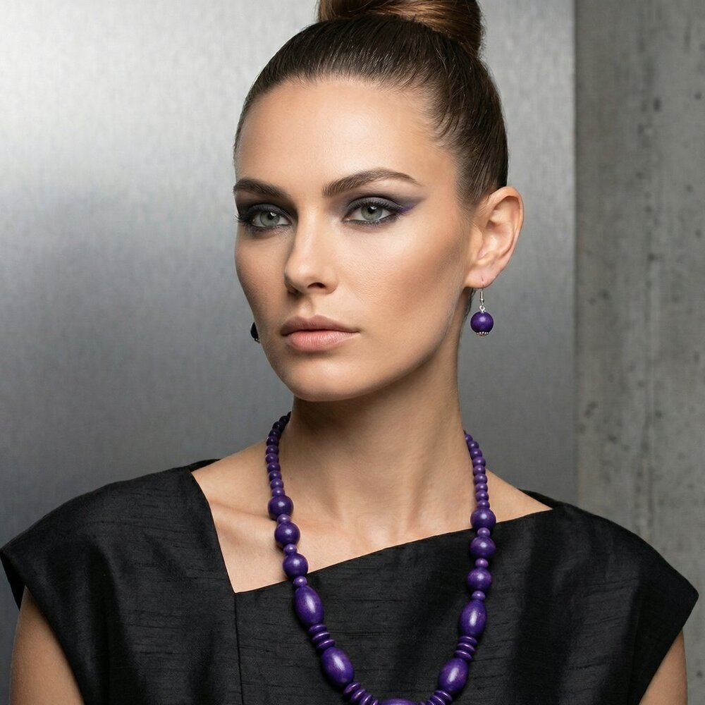 Matte Purple Bead Statement Necklace and Matching Earring Set